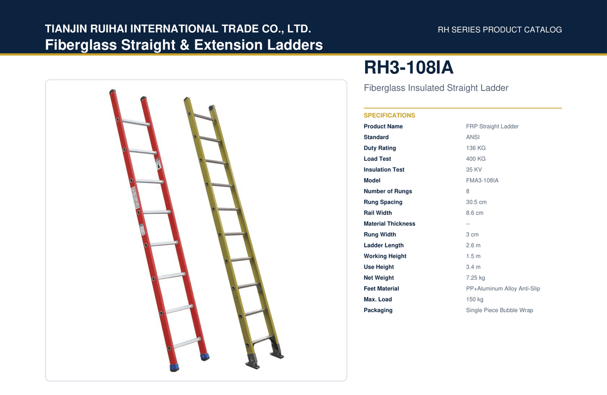 RH3-108IA Fiberglass Insulated Straight Ladder