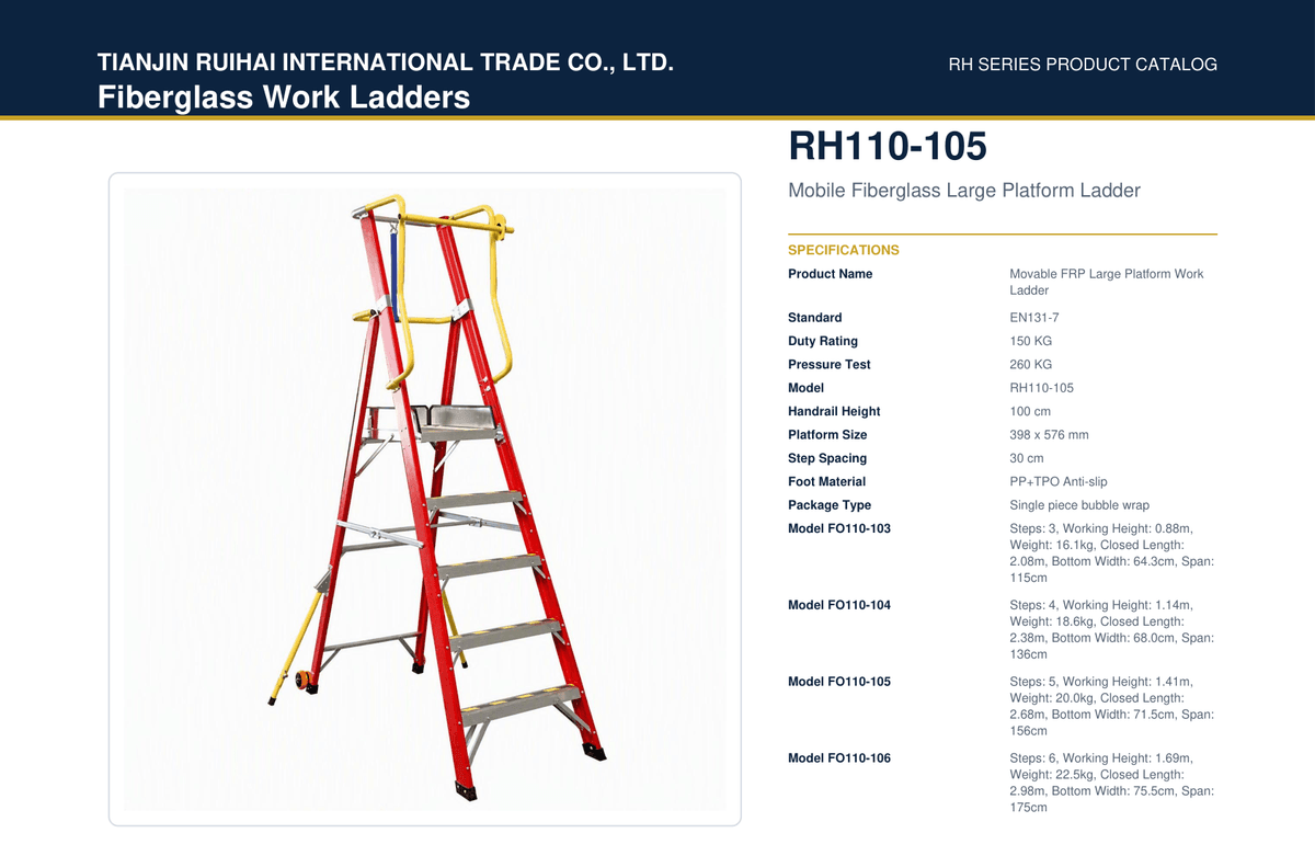 RH110-105 Mobile Fiberglass Large Platform Ladder