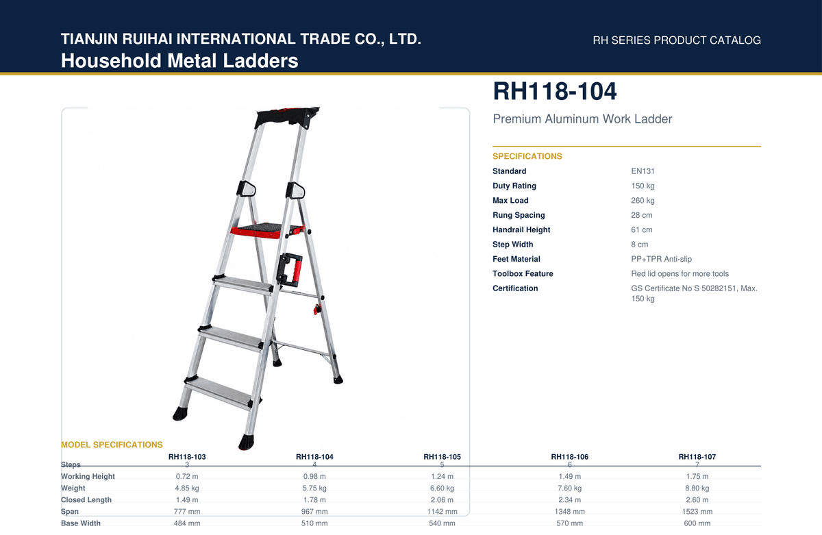 RH118-104 Premium Aluminum Work Ladder with Toolbox