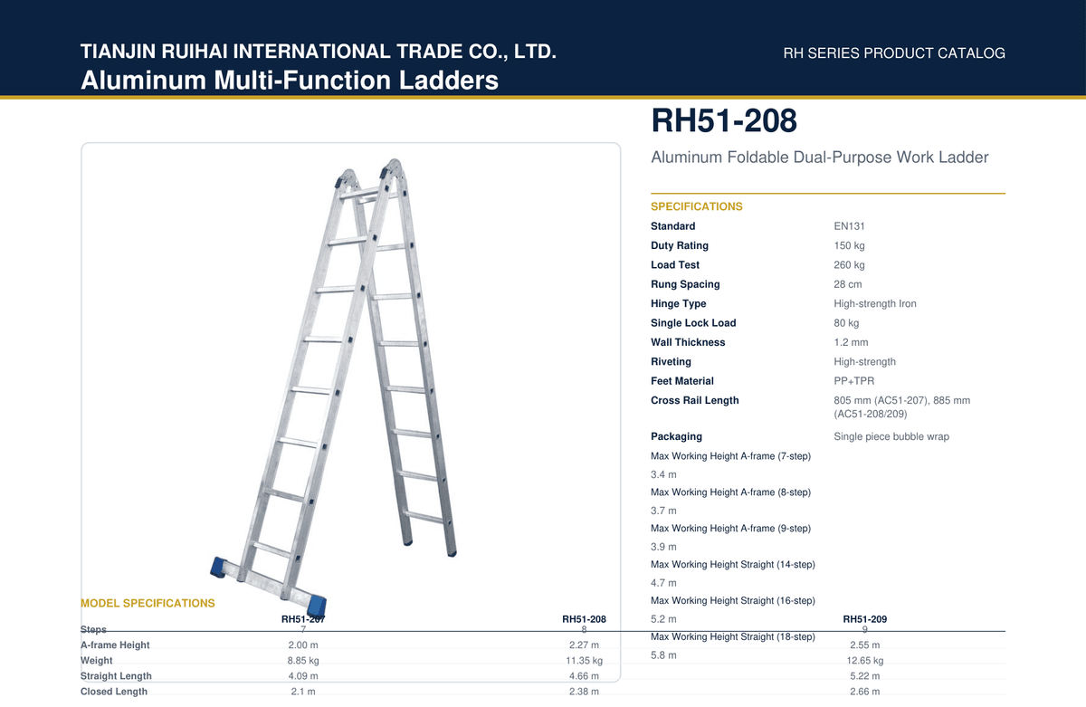 RH51-208 Aluminum Foldable Dual-Purpose Work Ladder